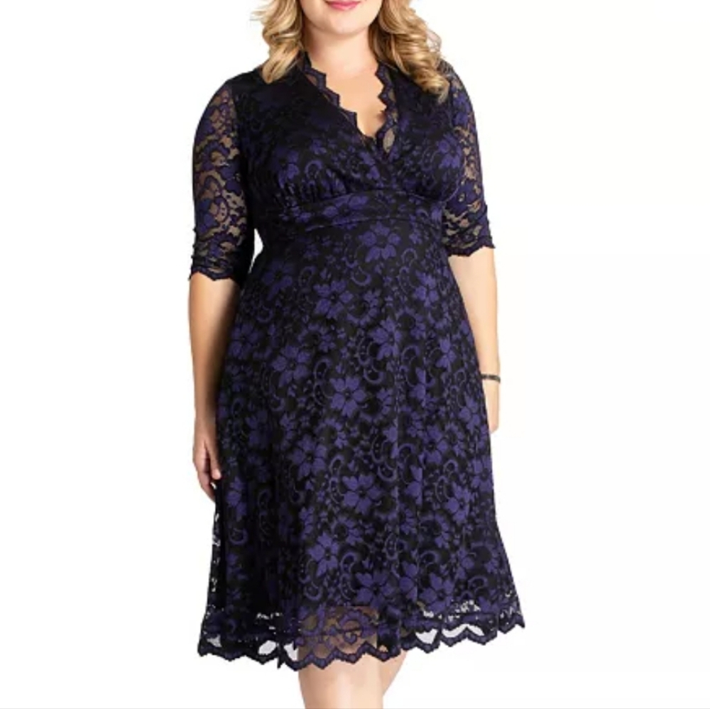 Kiyonna Black and Blue A-Line V-Neck Dress with 3/4 Sleeves